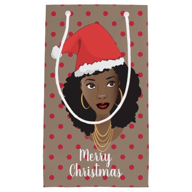 Merry Christmas! Black Woman Santa Hat Gum Red Small Gift Bag (Front)