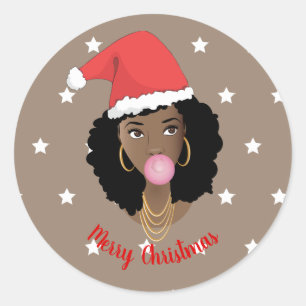 Merry Christmas! Black Woman, Santa Hat, Gum, Star Classic Round Sticker