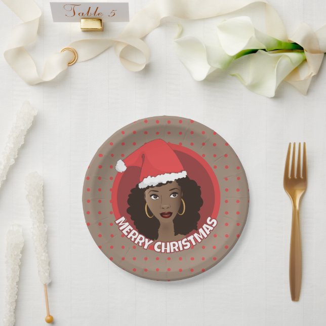 Merry Christmas, Black Woman Santa Hat Paper Plates (Wedding)
