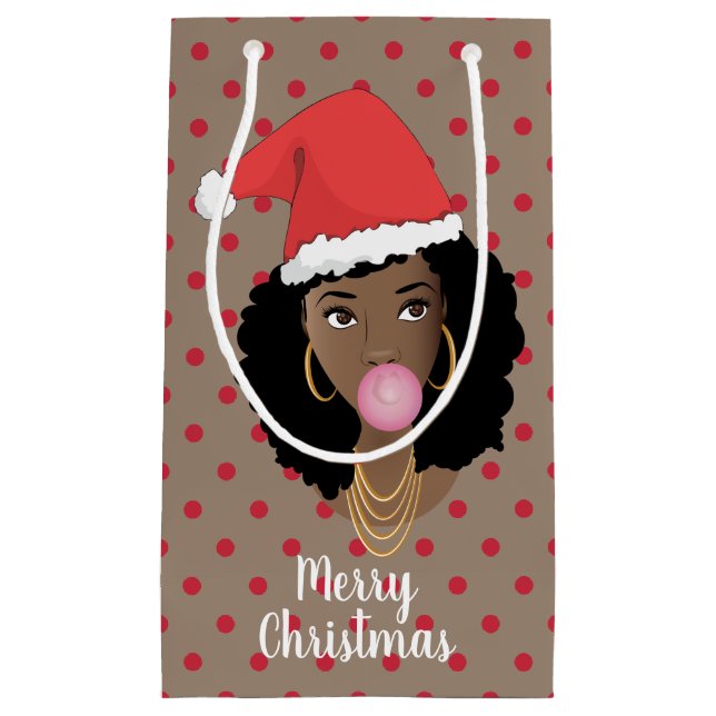 Merry Christmas! Black Woman, Santa Hat, Red Dots Small Gift Bag (Front)