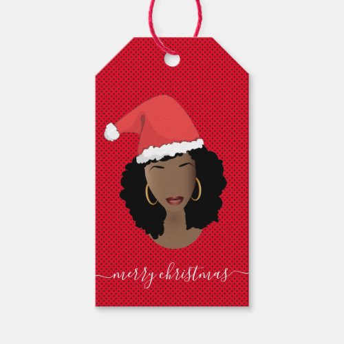 Merry Christmas Black Woman Santa Hat Red Gift Tags