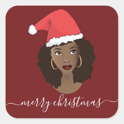 Merry Christmas Black Woman Santa Hat Red Square Sticker