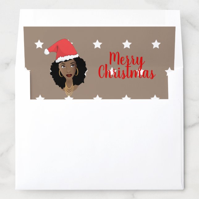 Merry Christmas! Black Woman Santa Hat White Stars Envelope Liner (In Envelope)