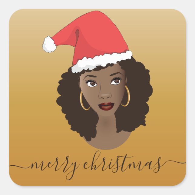 Merry Christmas, Black Woman, Santa Hat, Yellow Square Sticker (Front)