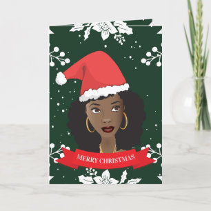 Merry Christmas, Black Woman w/Santa Hat, Green Holiday Card