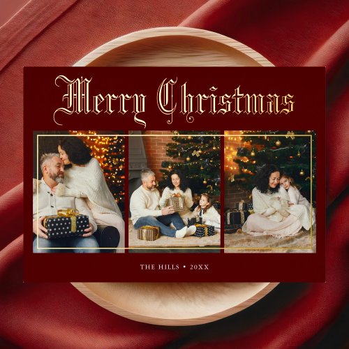 Merry Christmas Blackletter Photo Red Foil Holiday Card