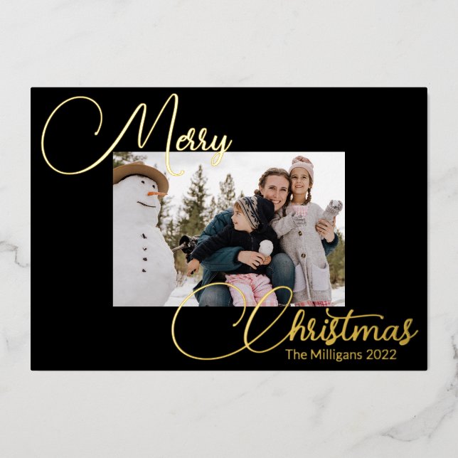 Merry Christmas Block Frame Script with Photo Foil Holiday Card (Front)