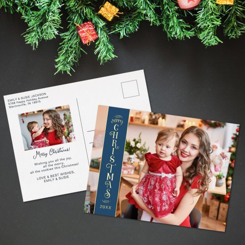 Merry Christmas blue 2 photos family gold Foil Holiday Postcard