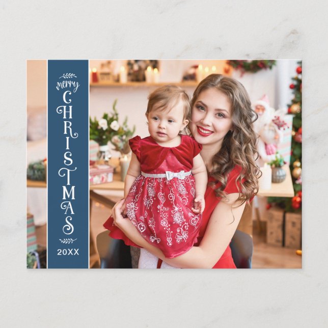 Merry Christmas blue 2 photos family Holiday Postcard (Front)