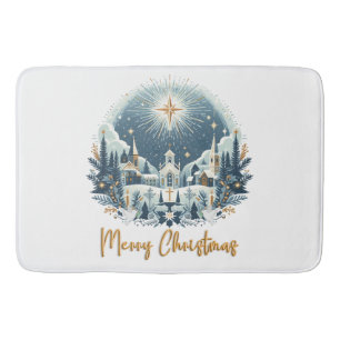Merry Christmas blue and gold  Bath Mat