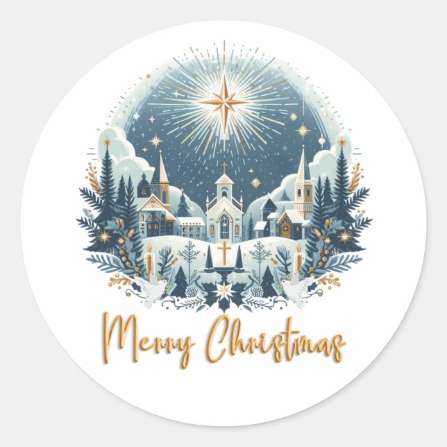 Merry Christmas blue and gold  Classic Round Sticker (Front)