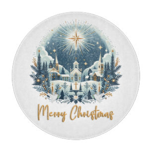 Merry Christmas blue and gold Cutting Board
