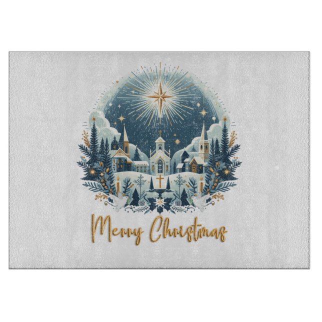 Merry Christmas blue and gold  Cutting Board (Front)