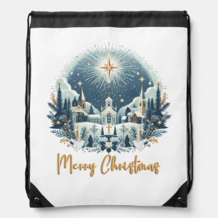 Merry Christmas blue and gold  Drawstring Bag