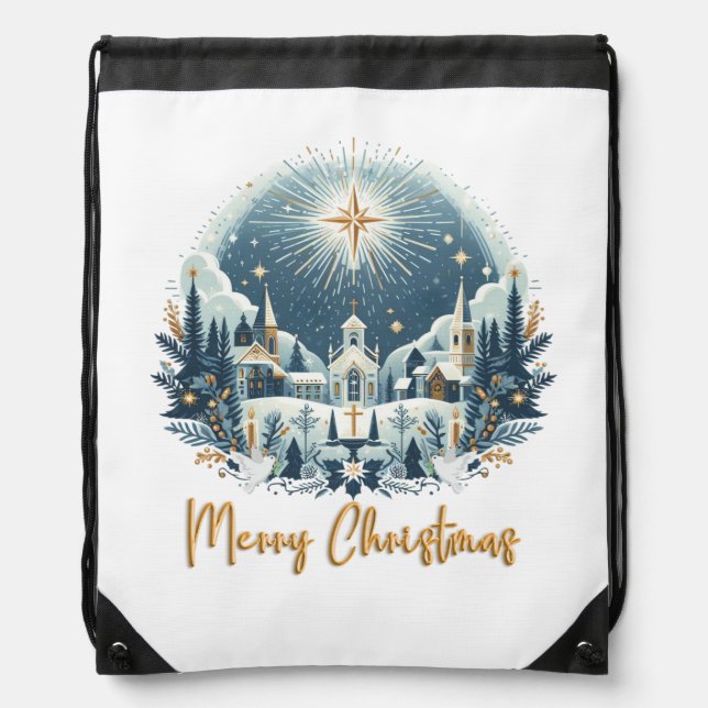 Merry Christmas blue and gold  Drawstring Bag (Front)