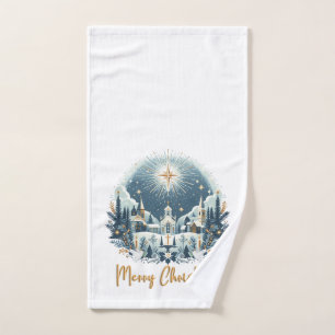 Merry Christmas blue and gold Hand Towel