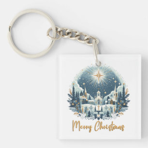 Merry Christmas blue and gold Keychain