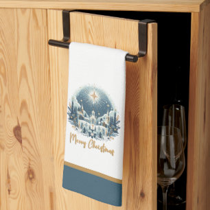 Merry Christmas blue and gold Kitchen Towel