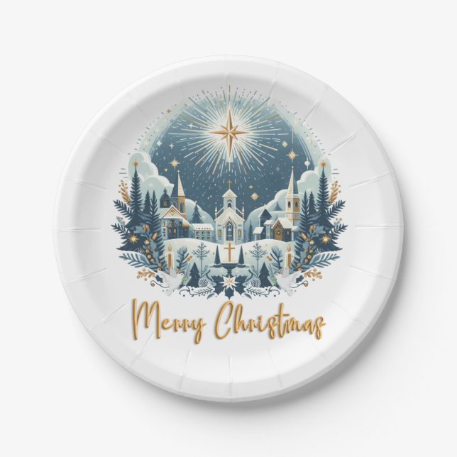 Merry Christmas blue and gold  Paper Plates (Front)