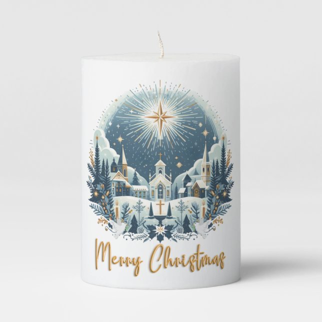 Merry Christmas blue and gold  Pillar Candle (Front)