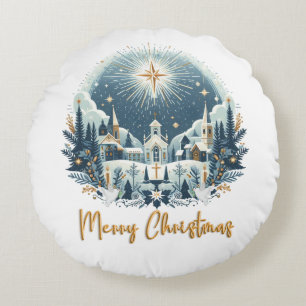 Merry Christmas blue and gold  Round Pillow