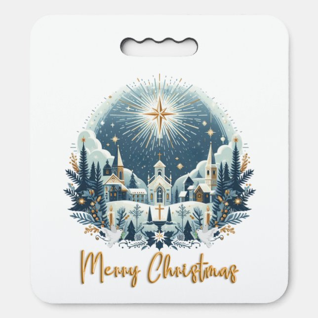 Merry Christmas blue and gold  Seat Cushion (Front Vertical)