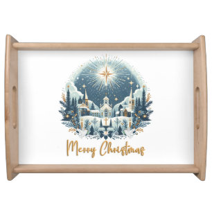 Merry Christmas blue and gold  Serving Tray