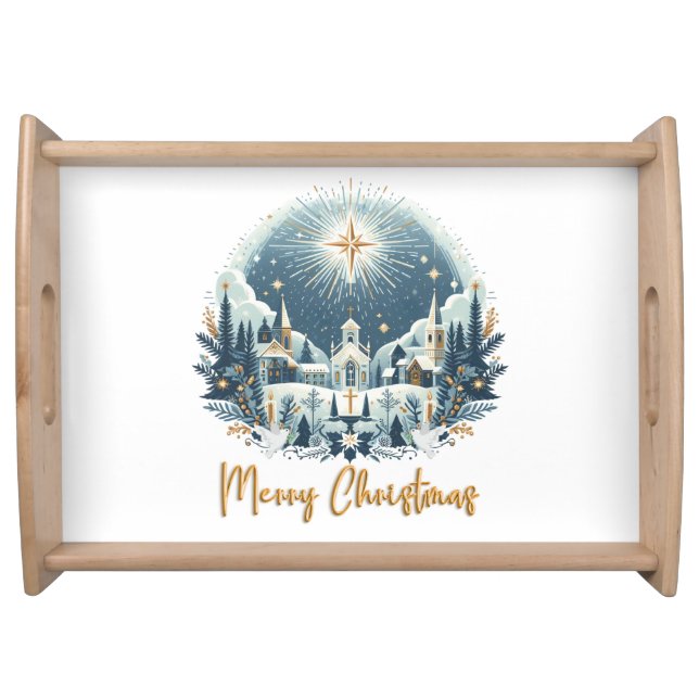 Merry Christmas blue and gold  Serving Tray (Front)