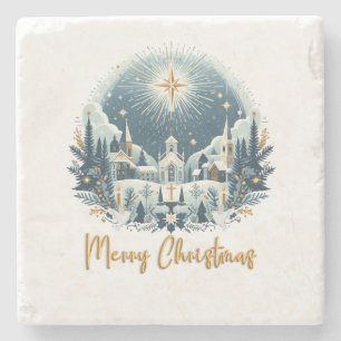 Merry Christmas blue and gold Stone Coaster