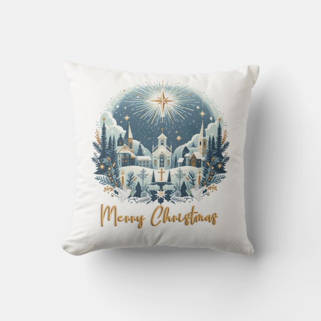 Merry Christmas blue and gold  Throw Pillow (Front)