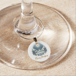 Merry Christmas blue and gold Wine Charm