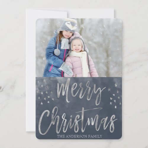 Merry Christmas Blue and Silver Watercolor Photo Holiday Card