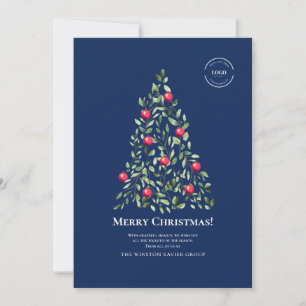 Merry Christmas Blue and Watercolor Tree logo Holiday Card