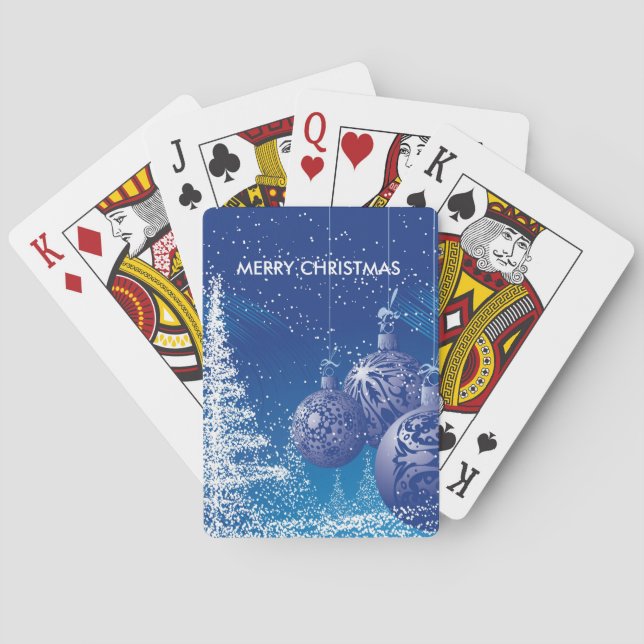 Merry Christmas Blue And White Ornaments & Trees Poker Cards (Back)