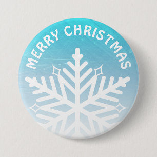 Merry Christmas Blue and White Snowflake Button