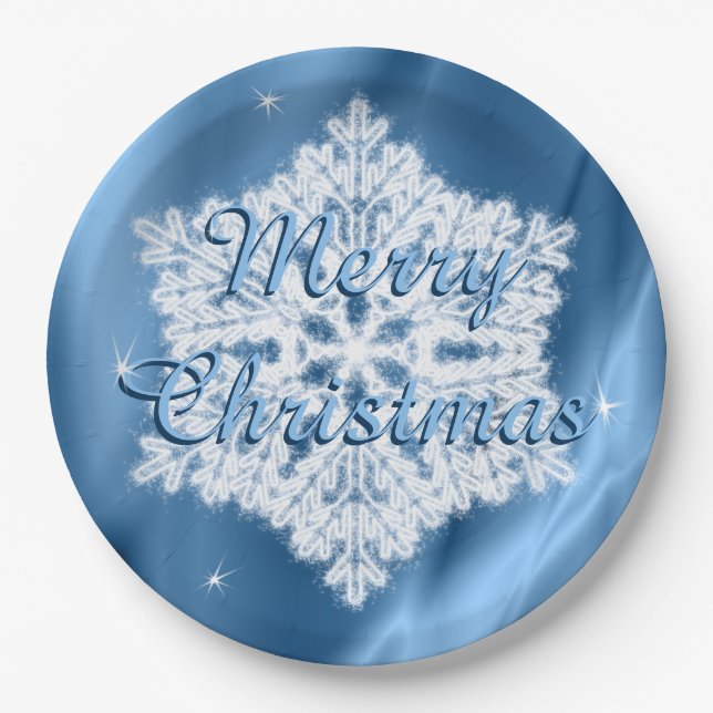 Merry Christmas Blue and White Snowflake Winter Paper Plates (Front)