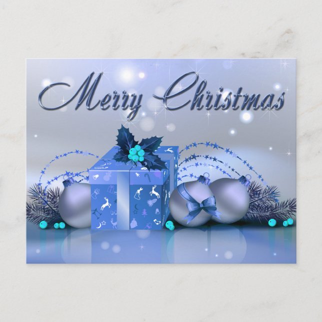 Merry Christmas Blue Baubles Holiday Postcard (Front)