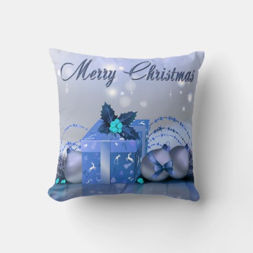 Merry Christmas Blue Baubles Throw Pillow