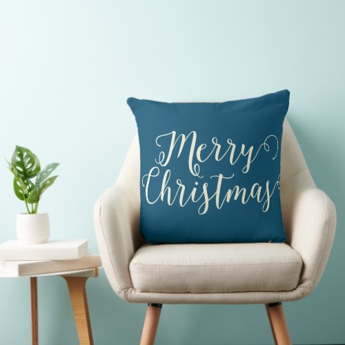 Merry Christmas Blue Beige Christmas Throw Pillow