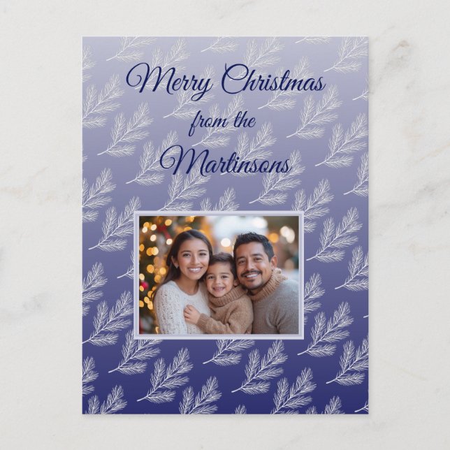 Merry Christmas Blue Botanical Photo  Holiday Postcard (Front)