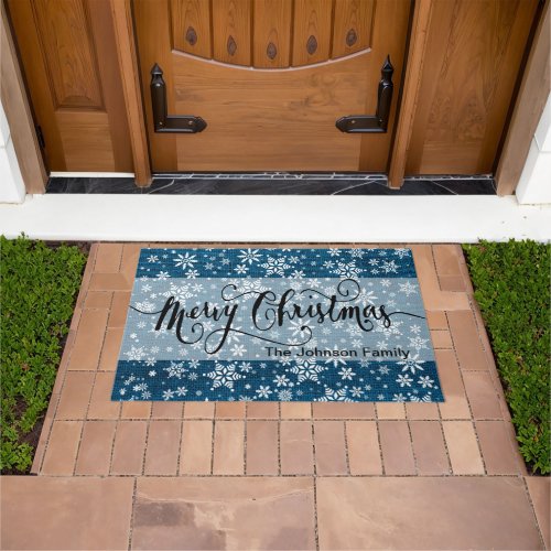 Merry Christmas Blue Burlap Snowflake Pattern Doormat