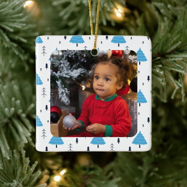 Merry Christmas Blue Christmas Tree Personalized Ceramic Ornament (Tree)