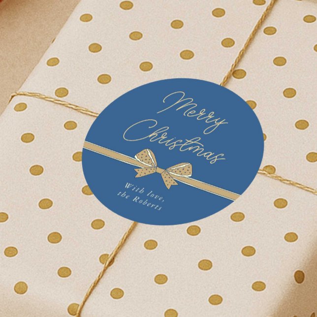 Merry Christmas Blue & Cream Ribbon Handwritten Classic Round Sticker (Modern whimsical bow blue and cream Christmas stickers)