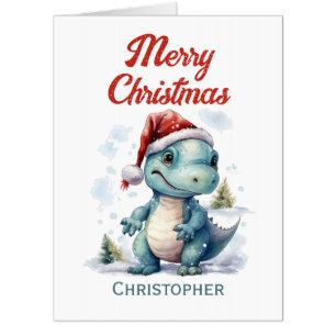 Merry Christmas Blue Dinosaur Oversized Card