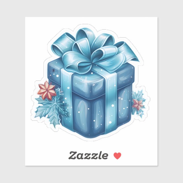 Merry Christmas Blue Festive Gift Box With Bow Sticker (Sheet)