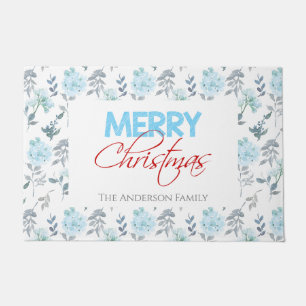Merry Christmas Blue Floral Watercolor Door Mat