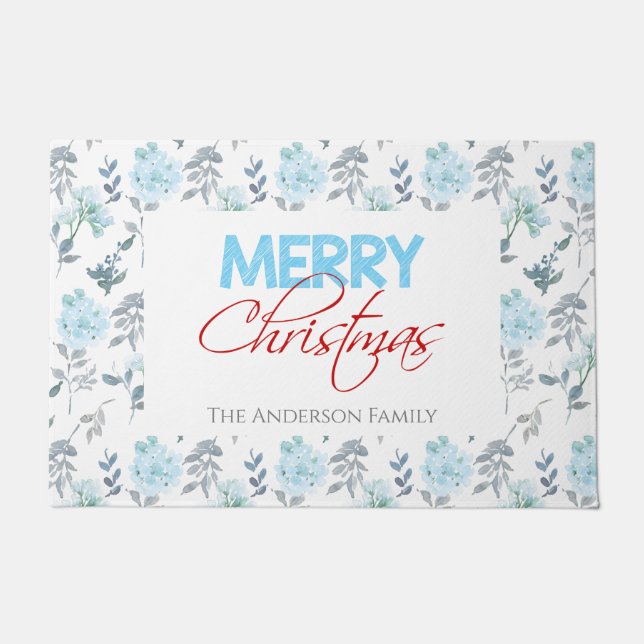 Merry Christmas | Blue Floral Watercolor Door Mat (Front)