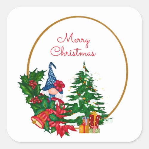 Merry Christmas Blue Girl Gnome Square Sticker