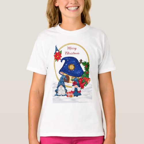 Merry Christmas Blue Gnome Family House  T_Shirt