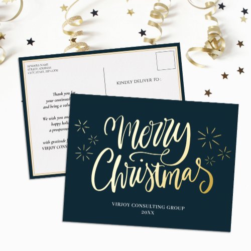 Merry Christmas Blue Gold Calligraphy Business Foil Holiday Postcard
